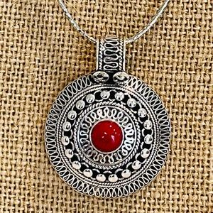 Large Round Silver Coral Cabochon Pendant Double Necklace